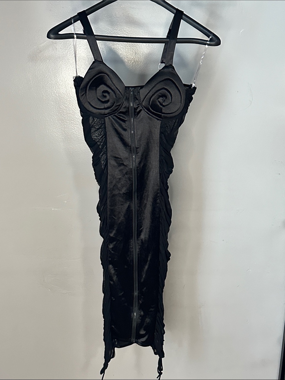Black Sculpted Bust Sheer and Satin Midi Dress